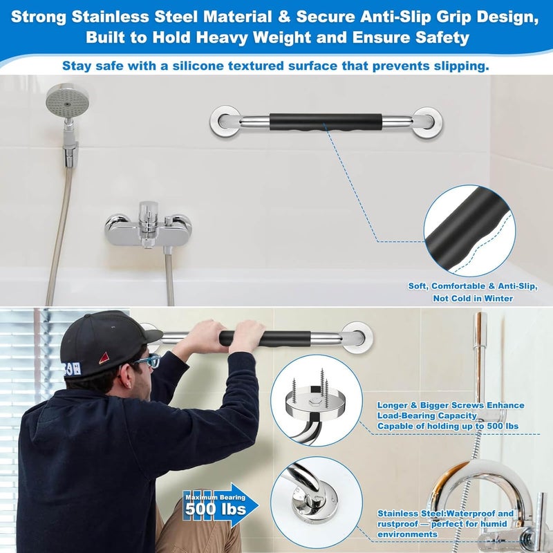 Tetutor 3 Pack Grab Bars for Bathtubs and Showers, 16-Inch and 12-Inch Anti-Slip Bathroom Shower Grab Bars for Seniors Wall, Safety Handicap Grab Bars Stainless Steel,Shower Handle for Elderly - Image 3